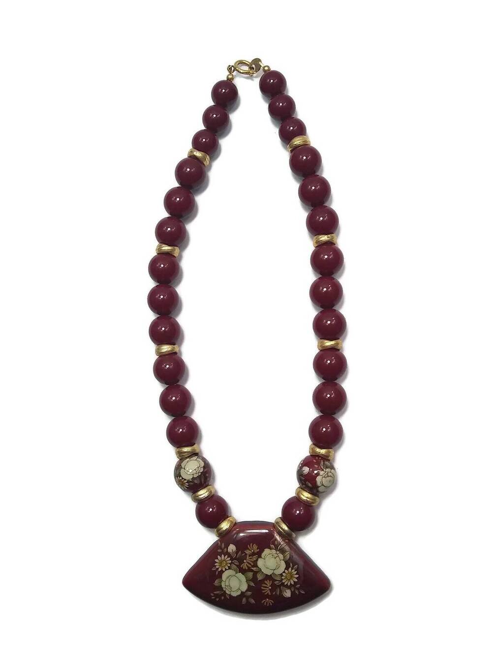 Vintage Gold Tone & Burgundy Red Tensha Beaded Pendant Necklace. Japan Hallmark.